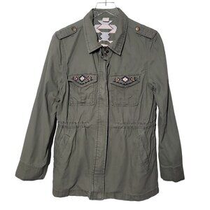 Wild Pearl Embroidered Aztec Jacket Cotton Full Zip Army Green Womens Small